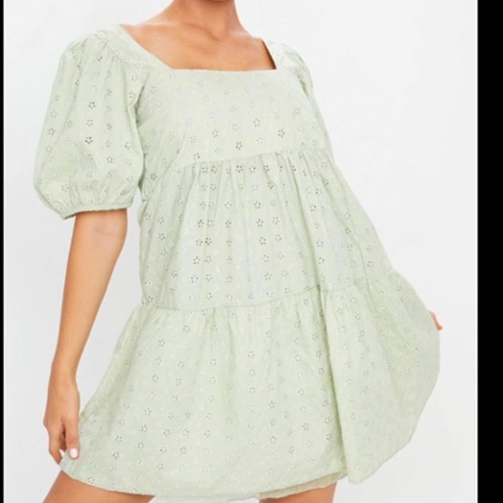 PrettyLittleThing Green Flora Eyelet Mini Dress